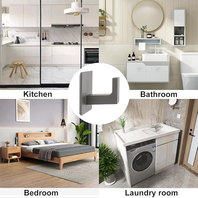 Vanloory Bath Towel Hooks, 6 Pack Self Adhesive Square Coat Hooks, Sturdy No Drilling Robe Hook, Heavy Duty Aluminum Clothes Hanger, Wall Hooks for Bathroom Bedroom Kitchen (2 in, Grey)