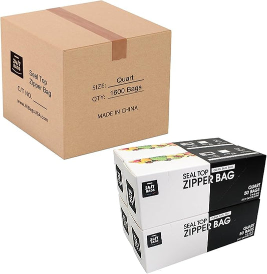 24/7 Bags- Quart Zip Storage Bags, Case Pack, 1600 Count, Double Zipper Seal, Easy Grip Open Tabs, Write-On Space, BPA-Free & Heavy Duty, 32 Boxes of 50