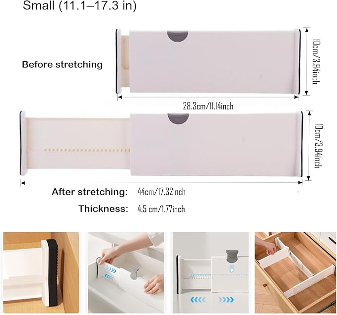 Adjustable Drawer Dividers 3-Pack Expandable Organizers with Non-Slip Pads for Kitchen Bathroom Dresser Vanity Desk Office Easy Install (White,Small(11.1-17.3 in))