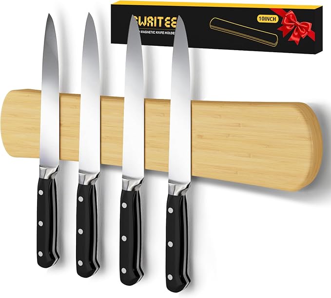 Magnetic Knife Holder for Wall, 10 Inch Bamboo Strong Magnetic Knife Strip, Small Kitchen Storage Space Savers, Rv/Apartment/Farmhouse Accessories Organizer, Housewarming Gifts for New Home