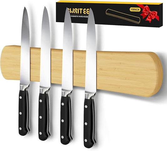 Magnetic Knife Holder for Wall, 10 Inch Bamboo Strong Magnetic Knife Strip, Small Kitchen Storage Space Savers, Rv/Apartment/Farmhouse Accessories Organizer, Housewarming Gifts for New Home