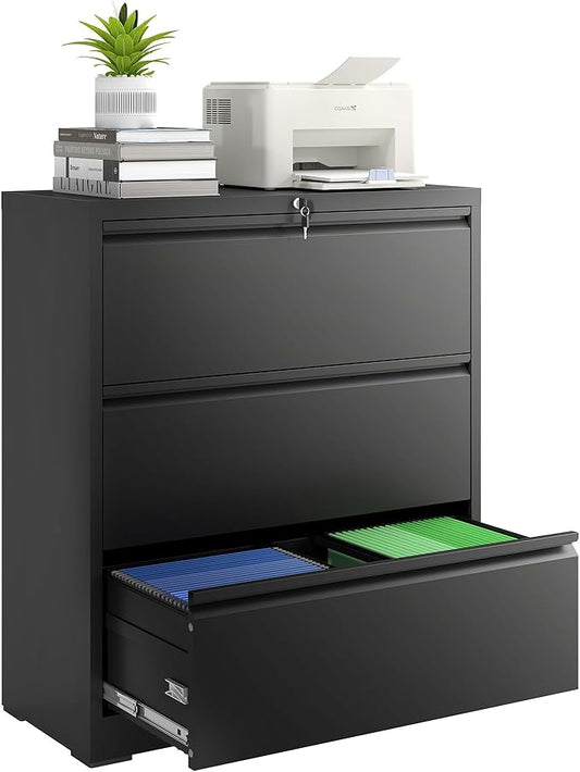 3 Drawer File Cabinet with Lock, Lateral Filing Cabinets,Metal Storage Filing Cabinets for Home Office, Heavy Duty File Cabinet for Letter/Legal/A4/F4 Size Amsseble Required, Black