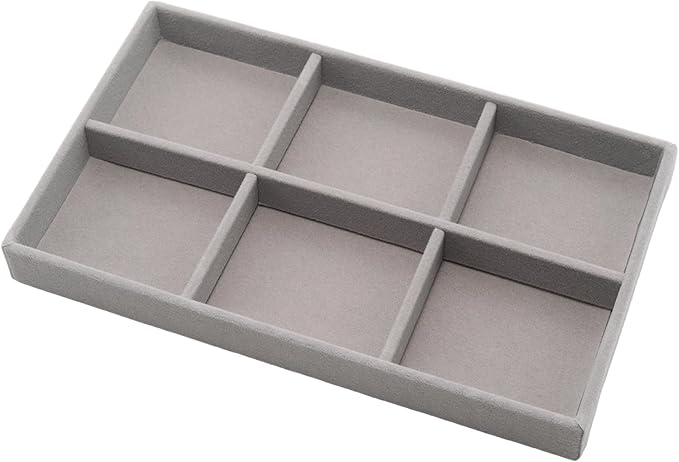 Velvet Jewelry Organizer Trays Gray Stackable Jewelry Storage Display Tray with Removable Dividers, 6 Grids