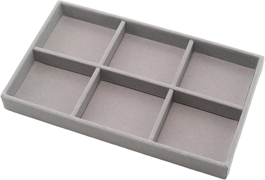 Velvet Jewelry Organizer Trays Gray Stackable Jewelry Storage Display Tray with Removable Dividers, 6 Grids