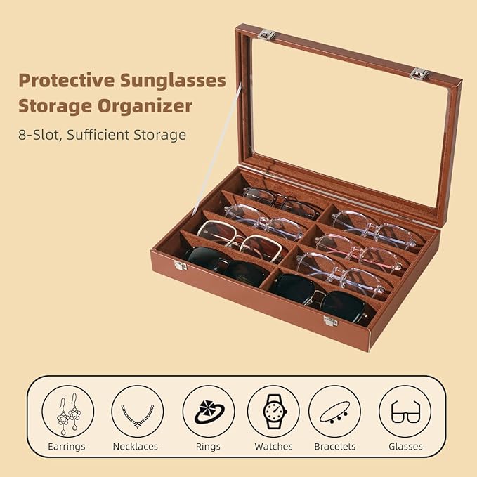 Glasses Holder Box Drawer Sunglass Organizer for Men Clear Wide Storage Case 8 Slots Multiple Reading Glasses Display, Brown Leather With Clear Glass Lid