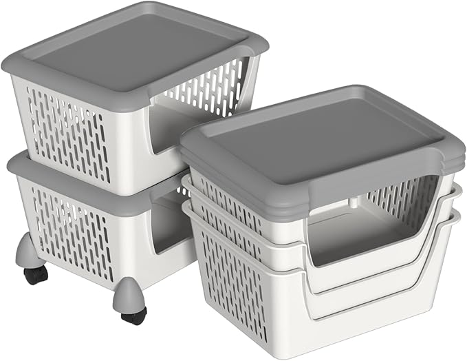 Plastic Open Stacking Storage Bins, 5 Tiers Large Kitchen Stackable Organizer Baskets with Wheels, Grey