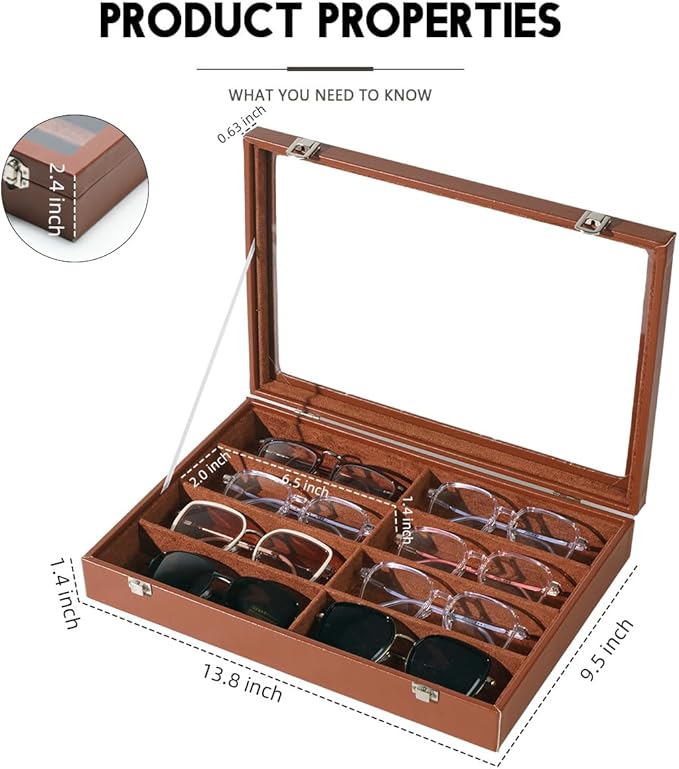 Glasses Holder Box Drawer Sunglass Organizer for Men Clear Wide Storage Case 8 Slots Multiple Reading Glasses Display, Brown Leather With Clear Glass Lid