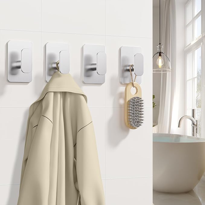 Eowihor Heavy Duty Self Adhesive Hooks - 26lb Max, Sticky Wall Hooks Stainless Steel for Hanging Towel, Coat, Robe, Waterproof & Rustproof Hooks Stick on Bathroom, Shower, Kitchen(Silver, 4 Pack)