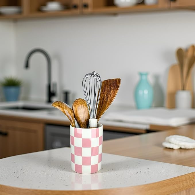 Checkered Utensil Holder, 4.13''x5.71 Utensils Caddy for Kitchen Counter, Medium Size Utensil Crock for Countertop, Utensils Organizer Storage for Parties Dining-Modern Pink and White