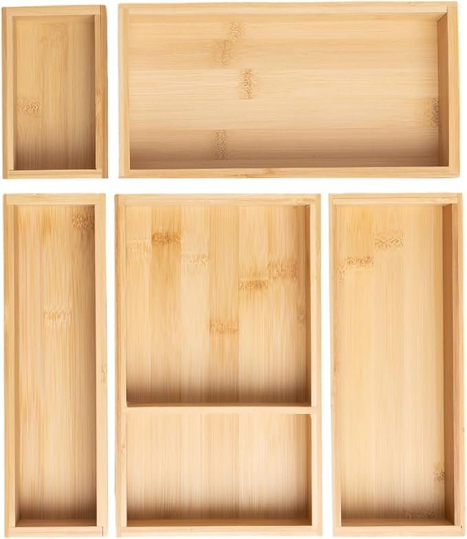 5-Piece Bamboo Drawer Organizer Set Wooden Drawer Organizer for Office，Kitchen Wood Drawer Tea Organier Boxes Silverware, Makeup and Tea Bag