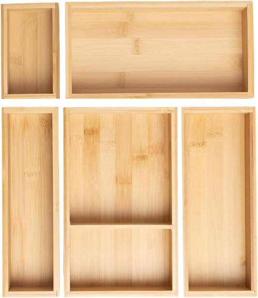 5-Piece Bamboo Drawer Organizer Set Wooden Drawer Organizer for Office，Kitchen Wood Drawer Tea Organier Boxes Silverware, Makeup and Tea Bag