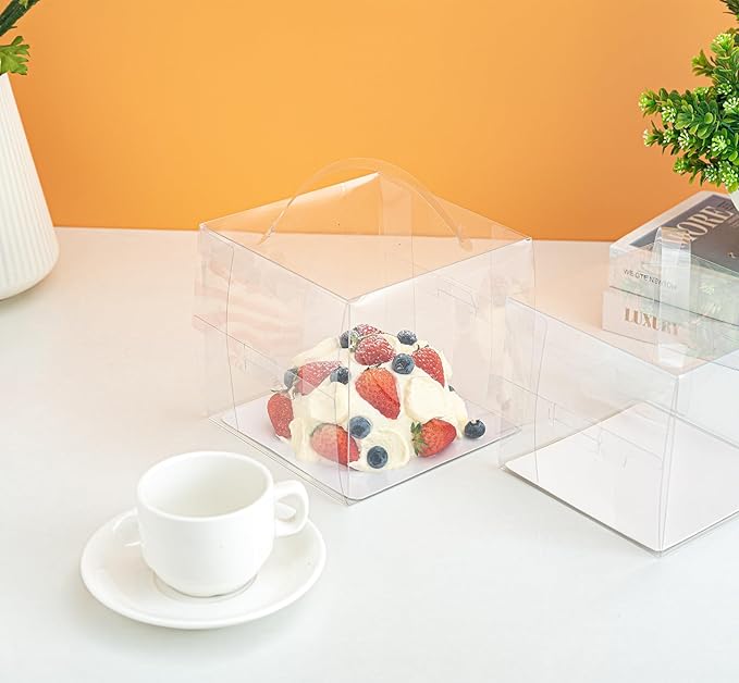 25 Pcs 6x6x5 Inch Clear Cake Boxes with Handle & Cake Boards, Easy Carrying Plastic Cake Containers, Cake Holder Carriers for Birthday Christmas Birthday Wedding, Party, Gift