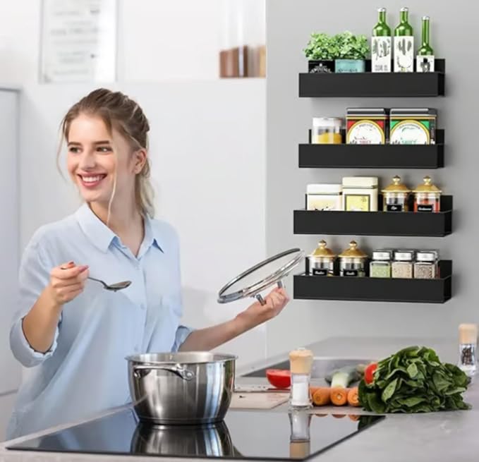 Punch-Free Magnetic Storage Rack Organize - Space-Saving Kitchen Organizer, Multifunctional Movable Magnetic Shelf for Refrigerator, Versatile Metal Organizer for Holding Spices, Jars (Black, S+L)