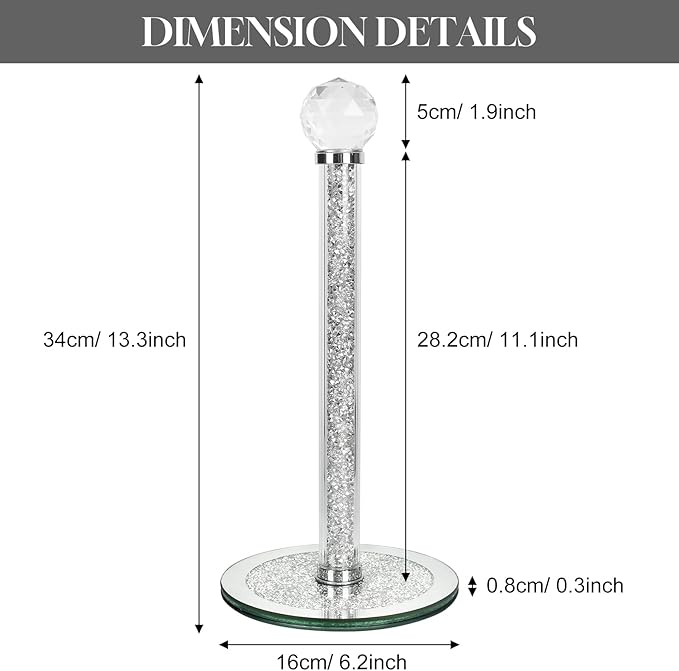 Decorative Paper Towel Holder, Silver Crystal Paper Towel Dispenser, Crushed Diamond Home Decor Toilet Roll Holder Stand with Heavy Base, Freestanding Paper Holder for Kitchen, Bathroom (Round/Silver)