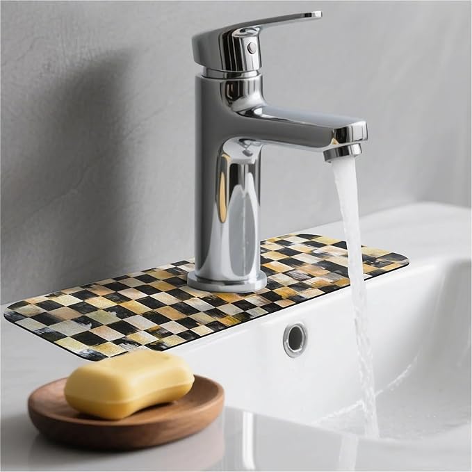 Kitchen Sink Splash Guard，black and gold checkered Faucet Mat Sink Gadgets-Super Absorbent Fast Drying Mat Drip Catcher for Kitchen, Bathroom,Sink Mat, Dish Drying Mat, Bathroom(15" X 5.5" )