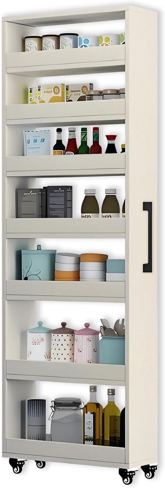 7-Tier Slim Rolling Storage Cart, Wooden Narrow Pantry Cabinet with Wheels, Tall Space-Saving Shelf Organizer for Kitchen, Laundry, Bathroom (Beige, 73.2" H*7.8" W*23.6" D)