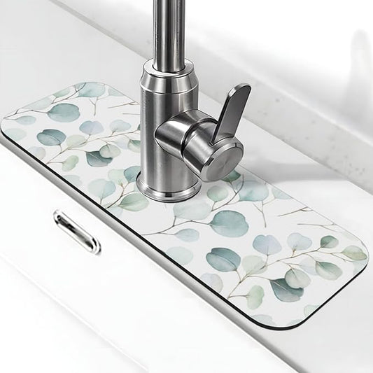 Sage Green Leaves Watercolor Branch Plant Kitchen Sink Splash Guard Faucet Mat 1 Pcs, Absorbent Fast Drying Mat Gadgets Splash Guard For Bathroom 15 X 5.5 Inches