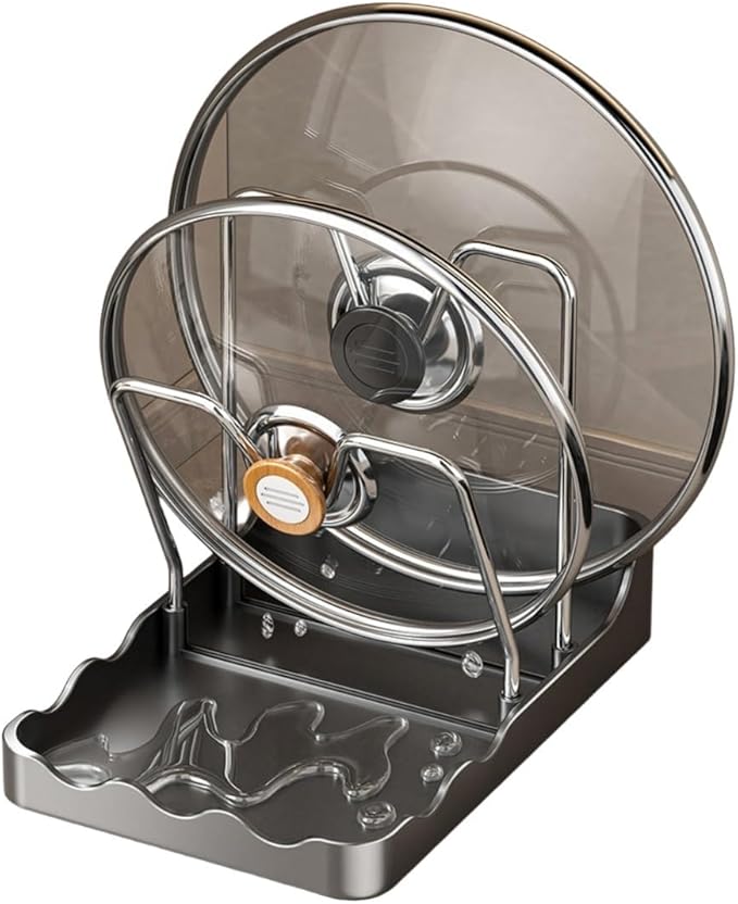 Pot Lid Holder for Kitchen Countertop - 2-in-1 Pot Lid Organizer with Spoon Rest and Rag Holder, PP + Stainless Steel Storage Rack, Grey(B)