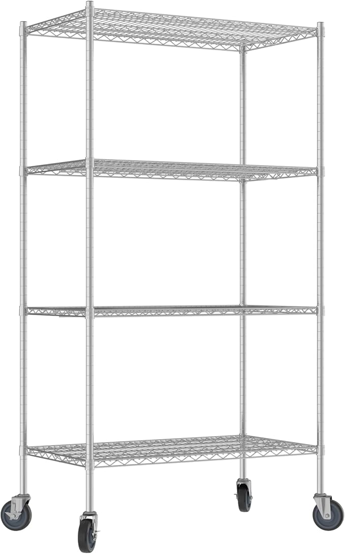 Commercial NSF Listed Chrome Mobile Wire Shelving Kit 24" x 42" x 80", with 4 Shelves Perfect for Warehouse, Walk-in Refrigerator, Freezer, Grocery Store, Restaurant, Dishroom