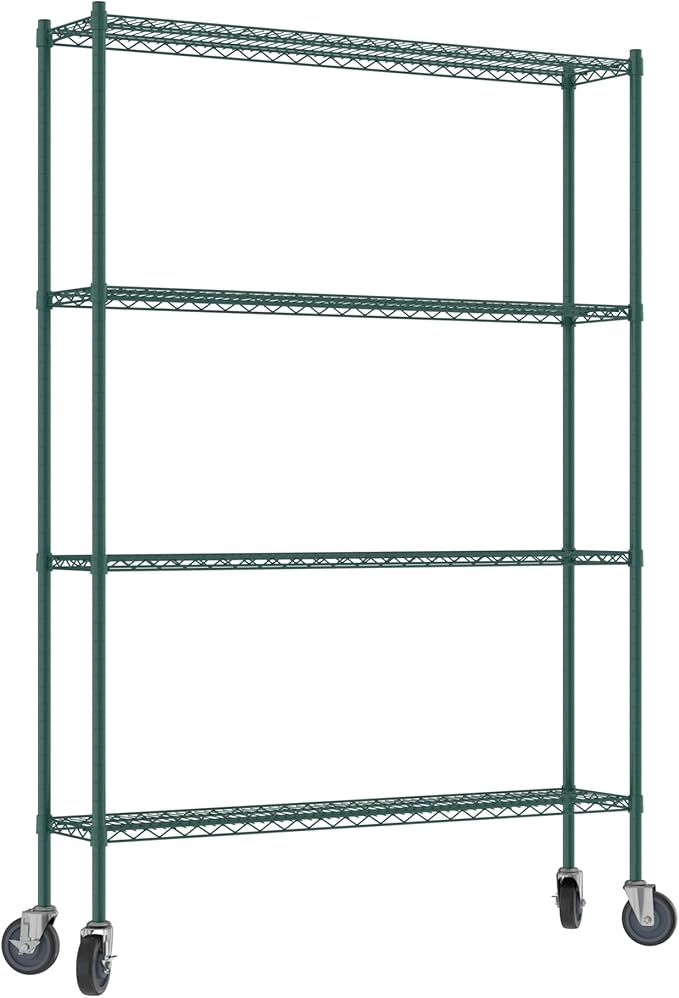 Commercial NSF Listed Green Epoxy Mobile Wire Shelving Kit 12" x 54" x 80", with 4 Shelves Perfect for Warehouse, Walk-in Refrigerator, Freezer, Grocery Store, Restaurant, Dishroom