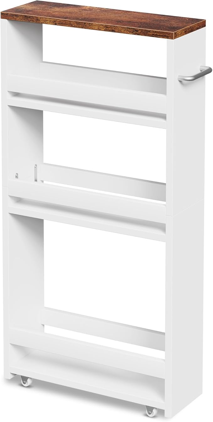 SUPER DEAL 4 Tier White Slim Storage Cart with Wheel & Handle, Slide Out Storage Rolling Utility Cart Mobile Shelving Unit Organizer Trolley for Kitchen Bathroom Laundry Narrow Places, White