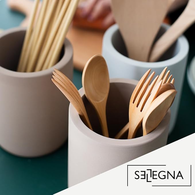 Selegna Instant Dry Utensil Holder for Kitchen Countertop, Diatomite Stone Utensil Caddy, Diatomaceous Earth Kitchen Utensil Organizer | Quick Drying Water Absorbing Pottery for Sink organization
