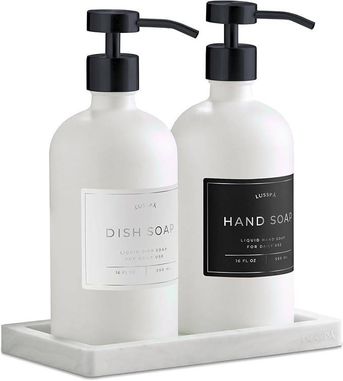 Lotion, Hand & Dish Soap Dispenser for Kitchen & Bathroom | Soap Dispenser Set of 2 16.8 Oz Glass Bottles with Stainless Steel Pump, 15 Water Proof Labels & Silicon Tray (White/Black)