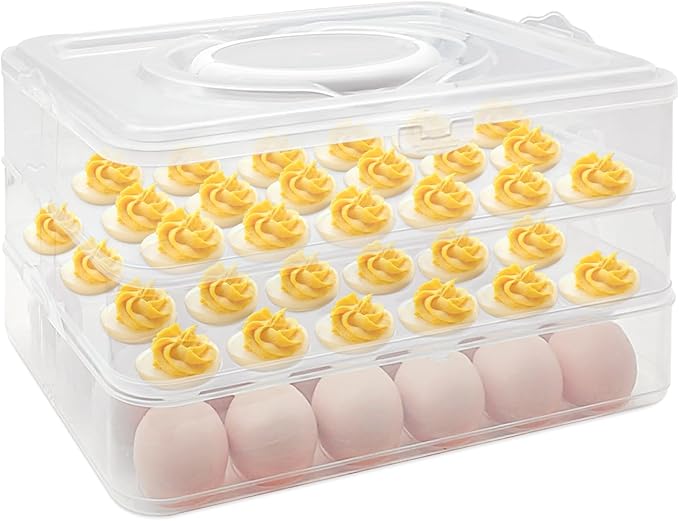 3 Layer Egg Trays with Handle,Deviled Egg Containers with Lid,Easter Egg Containers for 72Holes,Fridge,Portable Tray Platter Party Easter Thanksgiving Picnics