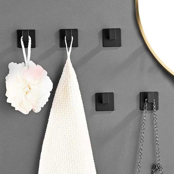 Vanloory Bath Towel Hook,10 Pack Self Adhesive Square Coat Hooks, Sturdy No Drilling Robe Hook, Heavy Duty Aluminum Clothes Hanger, Wall Hooks for Bathroom Bedroom Kitchen (2 Inch,Black)