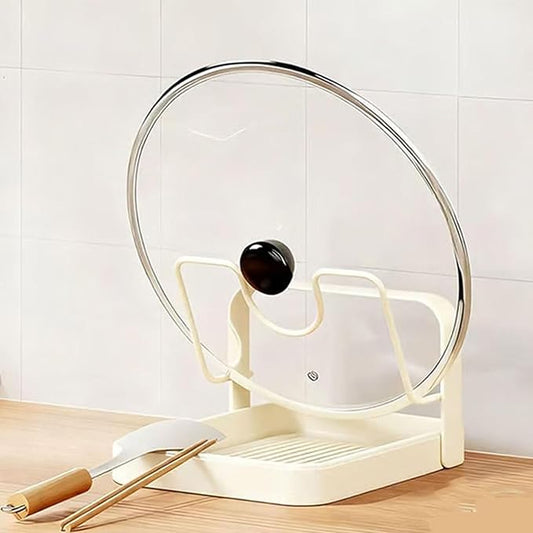 Kitchen Pot Lid Storage Rack with U-Shaped Slots, Carbon Steel Countertop Lid Holder with Removable Drip Tray, Vertical Organizer for Pots and Pans (White single layer)