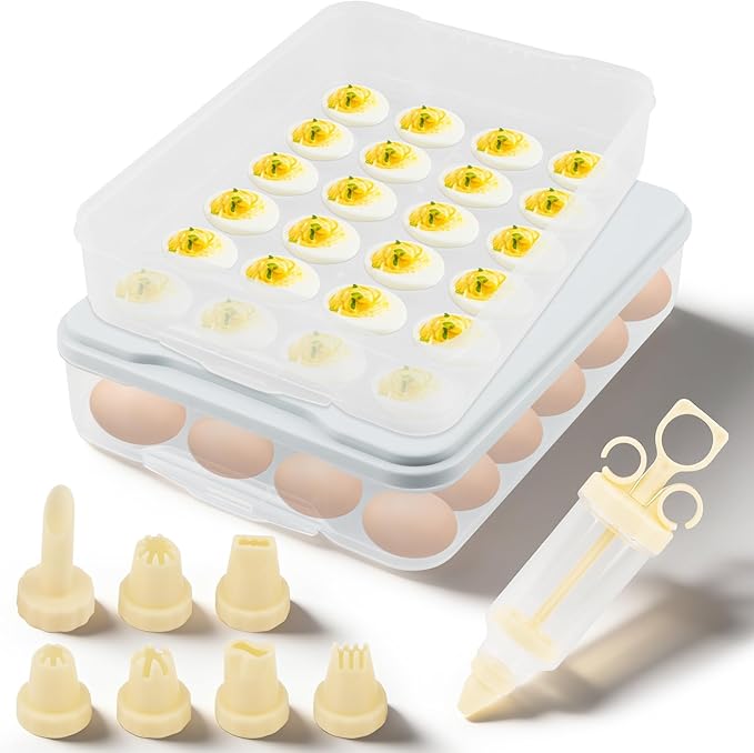 2-Layer Deviled Egg Containers With Lid,48PCS Deviled Eggs Tray Carrier with Hand Injector Piping Tool, Platter Holder Organizer for Refrigerator Party Picnic Travel Event