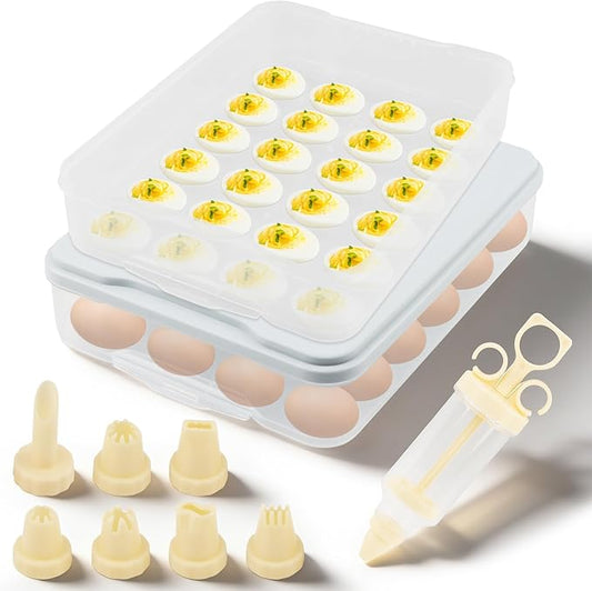 2-Layer Deviled Egg Containers With Lid,48PCS Deviled Eggs Tray Carrier with Hand Injector Piping Tool, Platter Holder Organizer for Refrigerator Party Picnic Travel Event