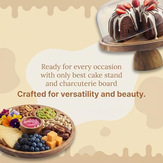 2-in-1 Multifunctional Cake Stand with Acrylic Dome, Rotating Cake Plate Acacia Wood Cake Stand with Acrylic Lid, Cake Decorating Turntable for Baking Gifts, Birthday Kitchen Party, Weddings