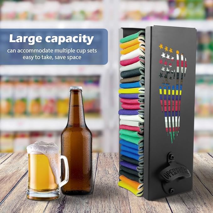 2 in 1 Metal Can Cooler Holder with Bottle Opener, Wall Mount Beer Sleeves Organizer & Dispenser for Standard Can Cooler, 12" Home Bar Storage, Ideal Gift for Men Dad