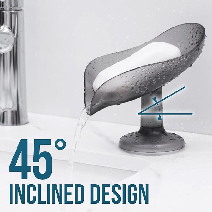TAILI Self Draining Soap Holder, Leaf-Shaped Bar Soap Dish with Suction Cup Stand, Bar Saver Suitable for Bathroom, Tub, Kitchen Sink, Removable,Easy to Clean & Keep Dry, Grey