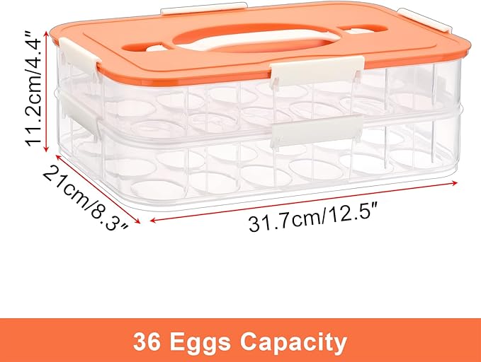 BTSKY Deviled Egg Platter with Lid, 2-Layer 36 Slots Deviled Eggs Carrier, Clear Portable Egg Holder for Fridge Reusable Deviled Eggs Tray Carton Box for Easter and Party Favor (2-Layer, Orange)