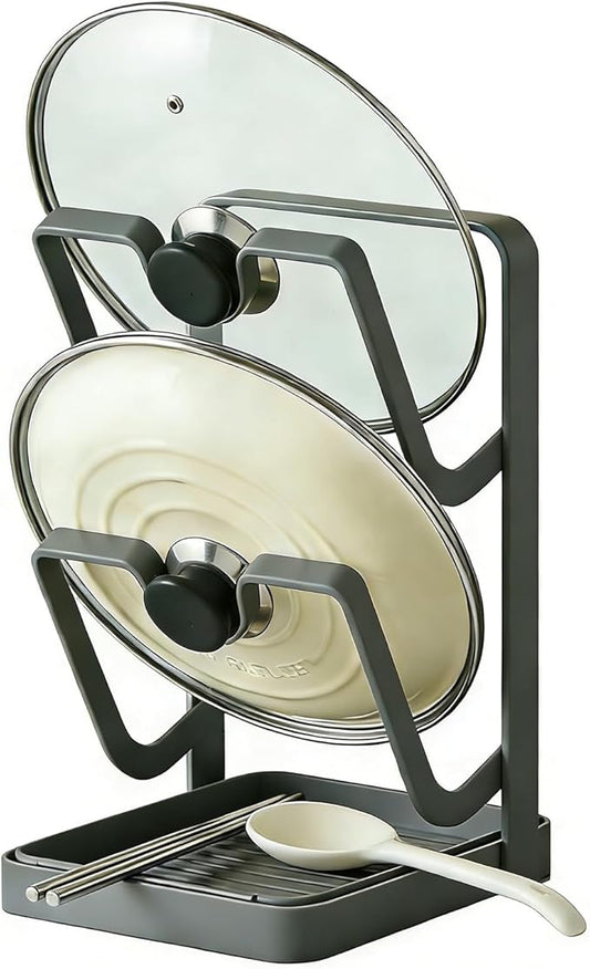 Kitchen Pot Lid Organizer Countertop - Carbon Steel Spoon Rest, Cutting Board Holder with Drip Tray, Rust-Resistant Farmhouse Storage Rack (B-Gray Double-layer)