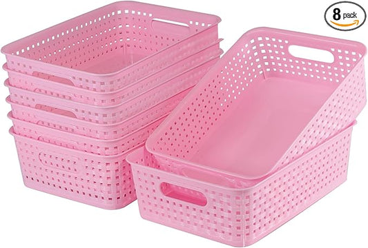 8 Pack Small Pantry Organization and Storage Bins - Household Organizers for Laundry Room, Bathrooms, Bedrooms, Kitchens, Cabinets, Countertops, Under Sink or On Shelves (Pink)