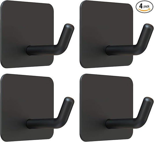 VIS'V Adhesive Hooks, Heavy Duty Shower Wall Stick on Hooks, Waterproof, 2 Extra Adhesive Strips, Black, 4 Pcs