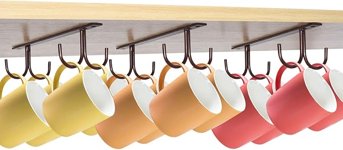 MOCOUM Under Cabinet Mug Rack, Rustic Mug Organizer Rack Cup Holder Under Shelf 12 Hanging Hooks Rack for Mugs, Coffee Cups and Kitchen Utensils Display (Brown-3 Pack-12 Hooks)