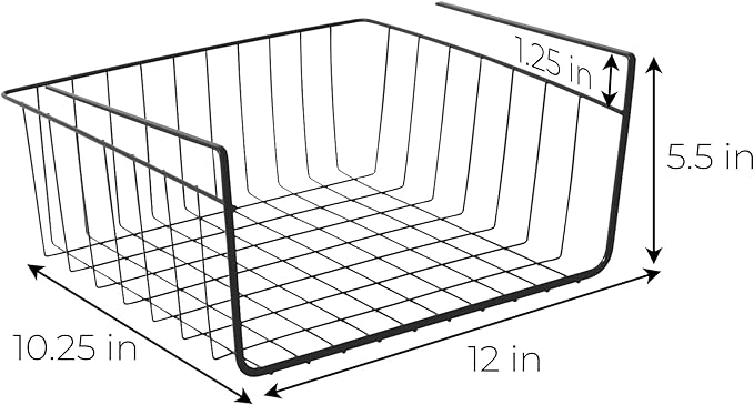 Smart Design Undershelf Storage Basket - Small - Snug Fit Arms - Steel Metal Wire - Rust Resistant - Under Shelves, Cabinet, Pantry, and Shelf Organization - 12 x 5.5 Inch - Black