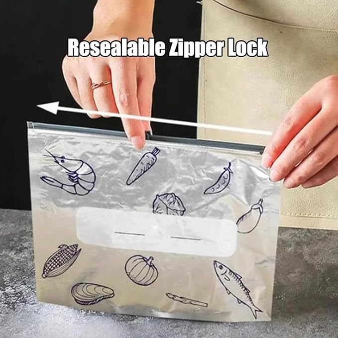 Reusable Aluminum Foil Sealable Storage Bags, 2026 New Resealable Vacuum Zipper Pouches for Food, Thicken Stand Up Foil Freezer Bags with Label & Zip Lock for Vegetable Fruit Meat (M*20)