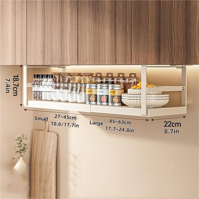 Hanging Under Shelf Storage Basket, Expandable Under Shelf Storage, Heavy Duty Slide-in Baskets Organizer for Pantry Cabinet(White,Large)