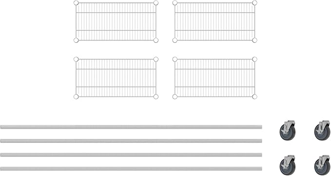 Commercial NSF Listed Chrome Mobile Wire Shelving Kit 12" x 24" x 80", with 4 Shelves Perfect for Warehouse, Walk-in Refrigerator, Freezer, Grocery Store, Restaurant, Dishroom