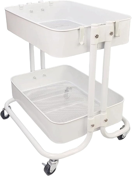 2 Tier Under Desk Storage Cart with Wheels Heavy Duty Metal Short Rolling Pantry Storage Cart for Small Space, Utility Trolley for Kitchen Bathroom Laundry Cute Snack Craft Organizer, White