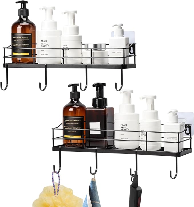 Lyeasw Black Floating Shelves Wall Mounted with 8 Removable Hanging Hooks, 15-Inch Adhesive Shower Shelf Organizer for Bathroom Kitchen Storage Rack, Set of 2