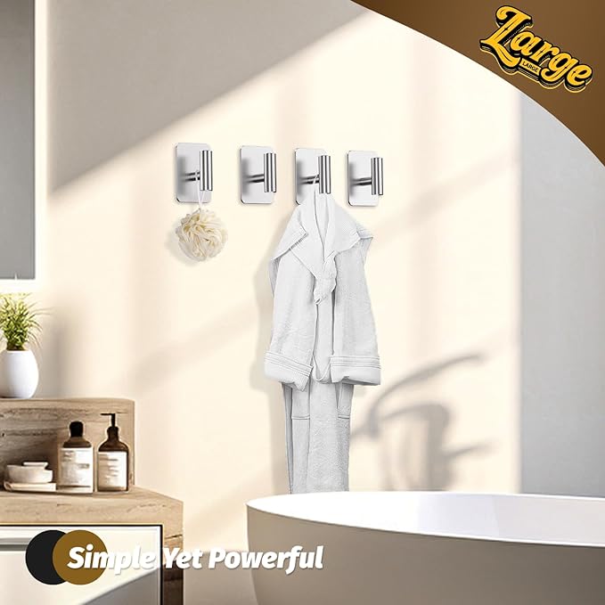Eowihor Heavy Duty Adhesive Hooks - 26lb Max, Sticky Wall Hooks Waterproof Stainless Steel for Hanging Towel, Coat, Robe, Towel Hooks Stick on Bathroom, Kitchen, Shower, Door (Silver, 4 Pack)