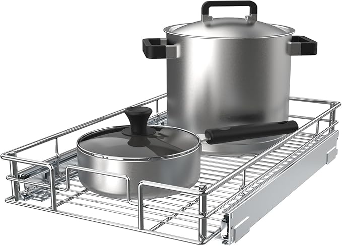 Pull Out Cabinet Organizer, (11" W x 21" D) Slide Out Kitchen Cabinet Storage Shelf and Drawer Organizer NEED 12" W and 22" D Cabinet, Chrome Finish
