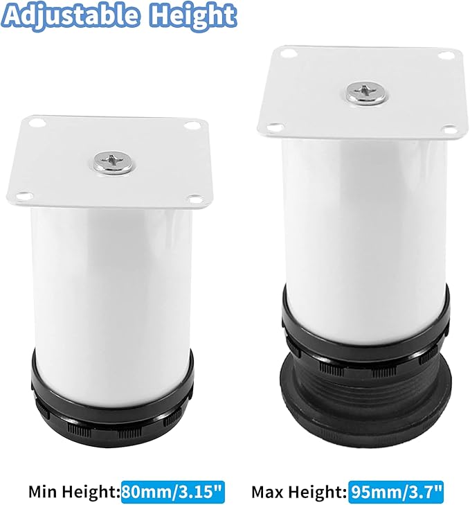 Set of 4 Stainless Steel Furniture Legs 3 Inch, Adjustable Round Cabinet Legs 2" Dia Kitchen Feet, Metal Replacement Legs for Cabinet Sofa Couch Shelves Table (White)