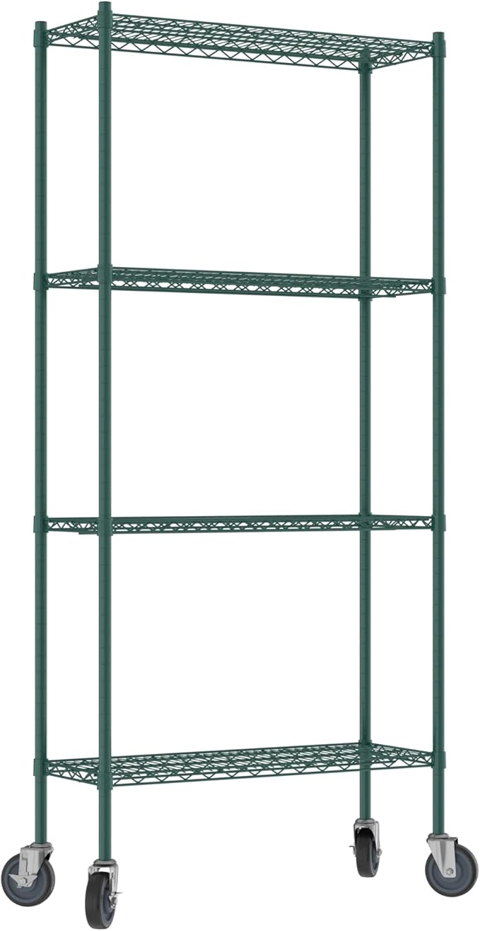 Commercial NSF Listed Green Epoxy Mobile Wire Shelving Kit 14" x 36" x 80", with 4 Shelves Perfect for Warehouse, Walk-in Refrigerator, Freezer, Grocery Store, Restaurant, Dishroom